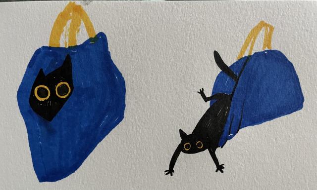 two small illustrations of a black cat in an IKEA bag. the first illustration shows the bag mostly closed with the cat’s head (and giant round yellow eyes) sticking out. In the second illustration the cat is rather ungracefully falling out of the bag, limbs in every direction.