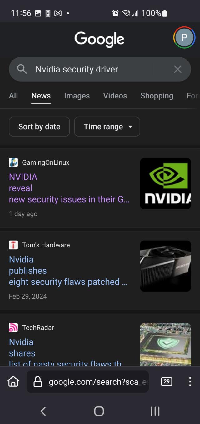 Google search results for "Nvidia security driver" with gaming on Linux's article at the top.