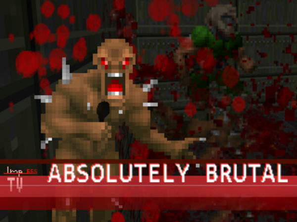 image edit where a sprite of an Imp from Doom is portrayed as a newscaster with a microphone, with news reel caption saying "Absolutely Brutal", and Doomguy in the background stomping on remains of another Imp, blood splattering around