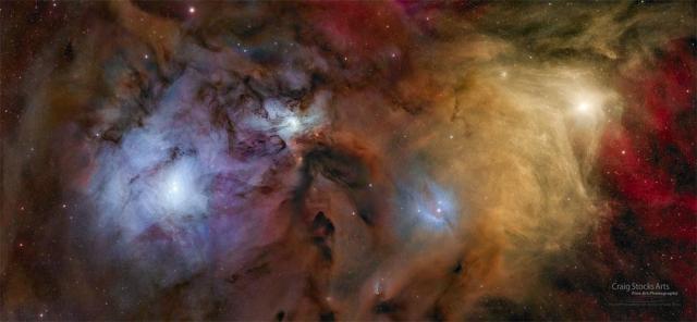 Colorful nebula and stars fill the wide images. The yellow star Antares is visible on the left and blue reflection nebula surround a central nebula and the nebula on the right surrounding the Rho Ophiuchi star system.