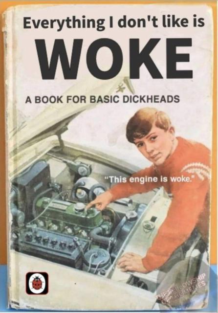 A book titled "Everything I don't like is WOKE, A book for basic dickheads"

With a guy pointing an engine saying "This engine is woke."