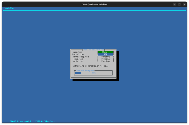 A screenshot of FreeBSD installing inside a Qemu VM. The background is light blue with a white box in the middle of the screen showing installation progress. It uses codepage 437 style lines to frame the dialog, with a blue percentage bar.