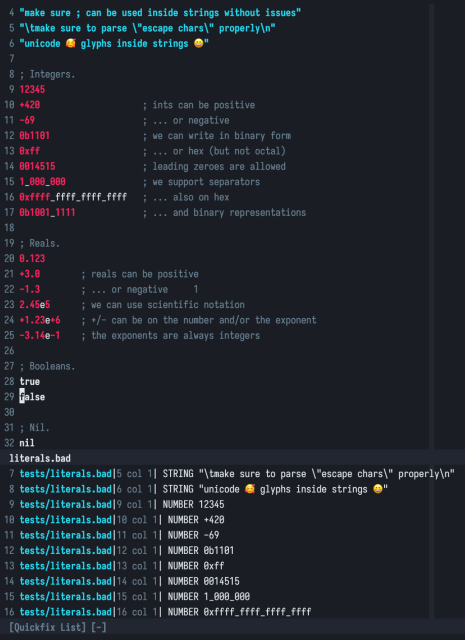 screenshot of a text editor showing a number of integer, floating point, strings and keyword arguments being lexed into tokens displayed on the bottom of the screen)