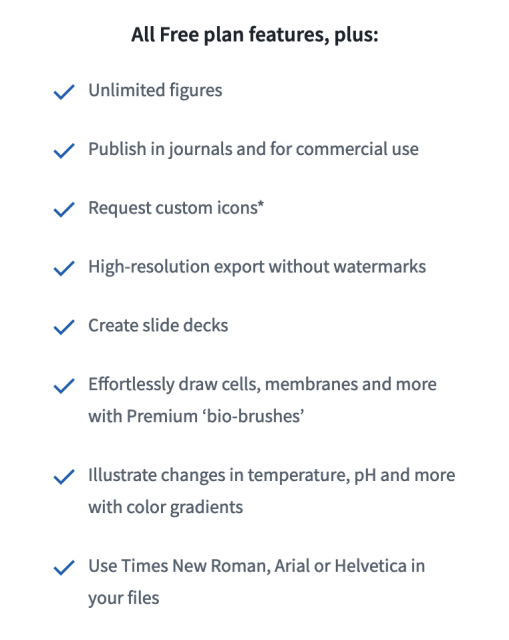 benefits of paid plan:

Unlimited figures

Publish in journals and for commercial use

Request custom icons*

High-resolution export without watermarks

Create slide decks

Effortlessly draw cells, membranes and more with Premium ‘bio-brushes’

Illustrate changes in temperature, pH and more with color gradients

Use Times New Roman, Arial or Helvetica in your files