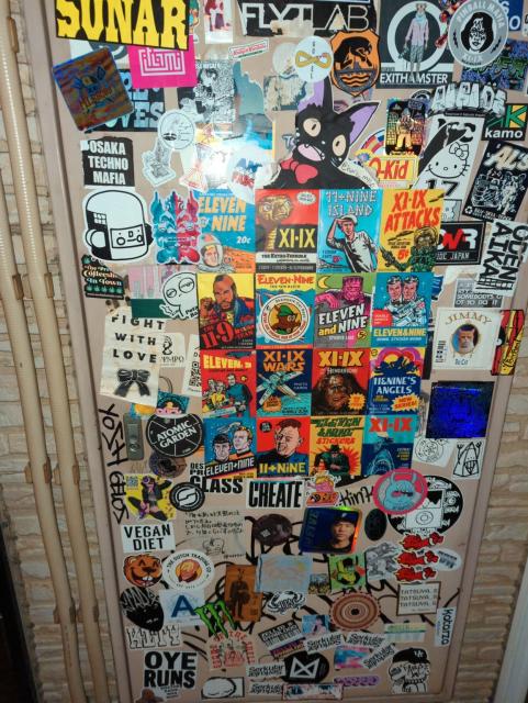 wall of stickers in Golden Gai, Shinjuku.