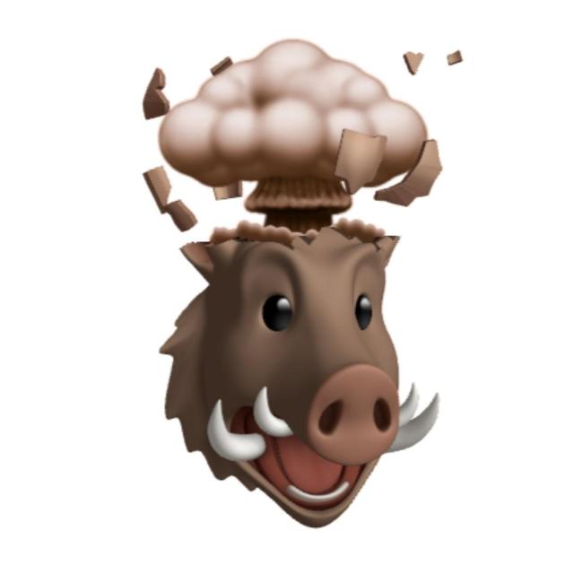 Boar Memoji version of the Head Exploding emoji depicting a brown hog with a mushroom cloud erupting out from the top of its head.