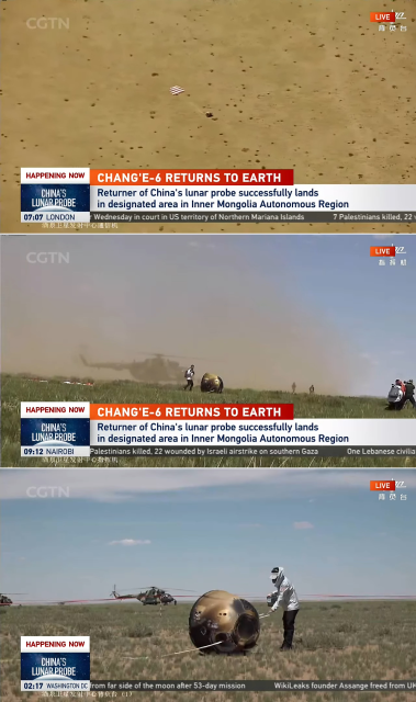 3 screen shots from the live video.

Description courtesy
@Anke@social.scribblers.club (Thanks!!) -

Picture 1: aerial photo of a khaki-coloured plane with occasional big tufts of grass, and one round lump with an attached parachute that's lying on the ground.

Picture 2: Photo taken from human eye level of the lump, which is about chest-height to the human approaching it. It is also round, metallic, gold or brass coloured. There is more grass on the ground than it looked like in the first picture. A helicopter in the backround causes a big cloud of dust.

Picture 3: The helicopter is parked and the sky blue again. Someone is doing something with the lump/capsule, possibly removing the lines attaching the parachute.
The first two pictures have identical captions of "Chang'e-6" returns to earth: Returner of China's lunar probe successfully lands in designated area in Inner Mongolia Autonomous Region
