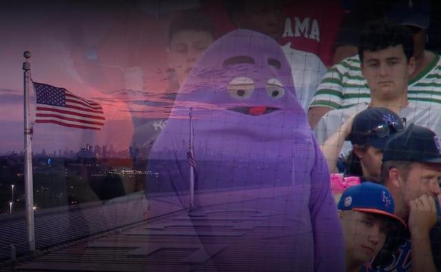 on the right, somebody in the stadium crowd dressed as Grimace, the big purple blob mascot from McDonald's. on the left, the screen has started to fade to pre-commercial, so superimposed next to Grimace is an American flag in front of a sunset. it's one of the most American images I've ever seen.