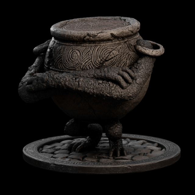 A 3D rendering created in Blender, showing a digital sculpture of a character from the video game Elden Ring, Pot Boy, a walking pot with two short legs and two long arms.