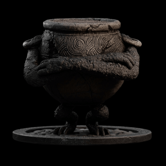 A 3D rendering created in Blender, showing a digital sculpture of a character from the video game Elden Ring, Pot Boy, a walking pot with two short legs and two long arms.