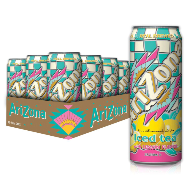 Cans os Arizona iced tea with teal pink and yellow labels