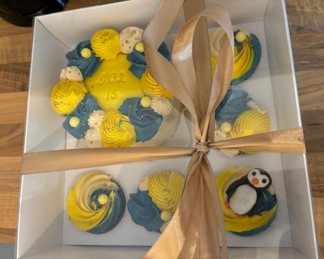 A GOL 15 cake with a Penguin sent from a supporter