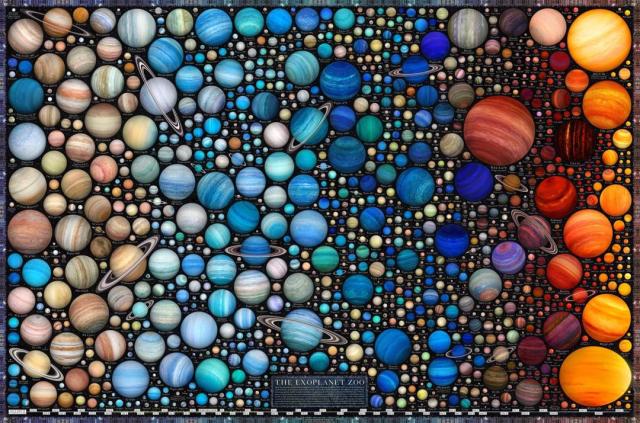 A graphic illustrates hundreds of possible exoplanets, with blue drawings of planets in the middle, red on the right, and tan on the left. Some exoplanets are drawn with rings.