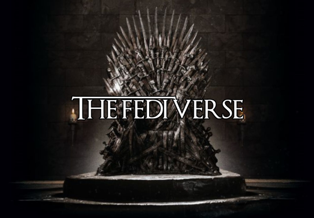 the game of thrones logo in front of the sword throne from that series but it says "THE FEDI VERSE"