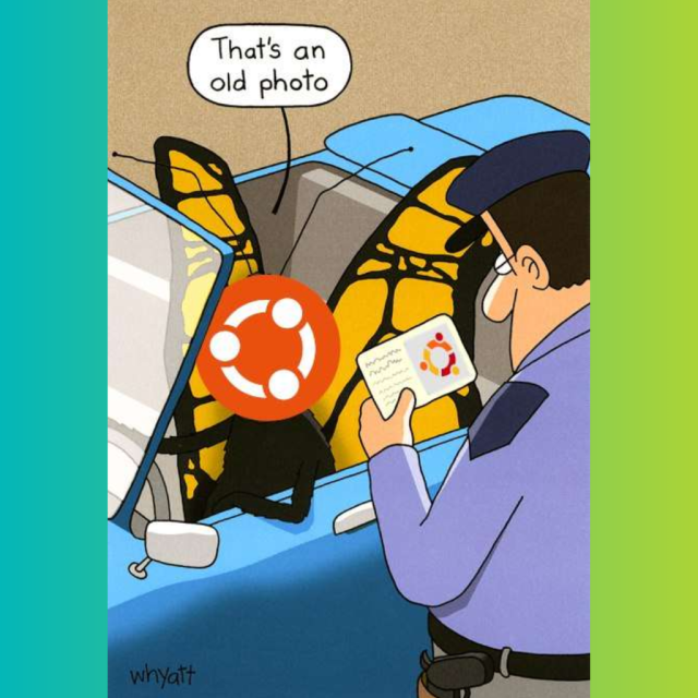 There's a butterfly sitting in a car, it has the new Ubuntu logo on its face, and is saying, “That's an old photo” to a police man checking their driver's license with the old Ubuntu logo in it.