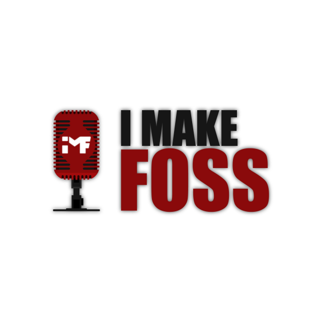 Logo featuring a red microphone with "MF" on it, next to the text "I MAKE FOSS" in bold black and red letters.