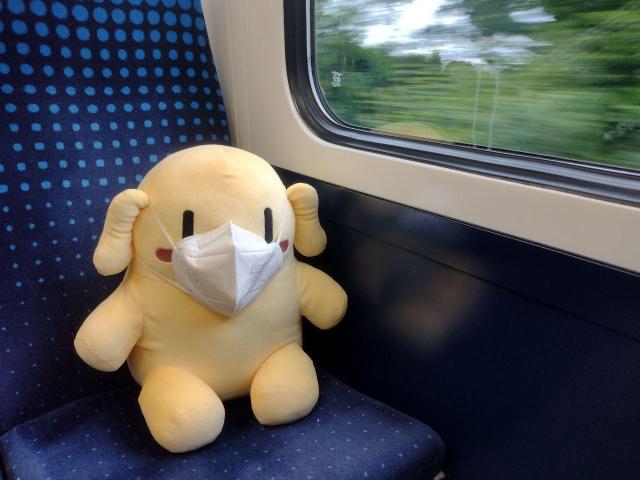 A stuffed Mastodon toy sitting on a chair in a moving train, wearing a face mask.