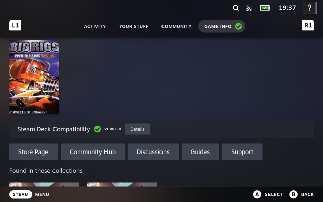 Image of steam page for the game: Big Rigs: Over The Road Racing with the status Steam Deck Compatibility: Verified