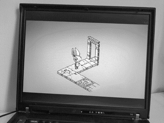 Photo of a T42 laptop running uxn emulator and the game oquonie.

There's a rabbit on pathway through void.

https://100r.co/site/oquonie.html