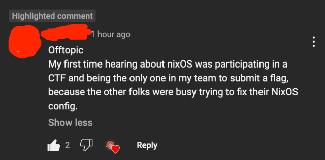 Youtube comment:

Offtopic
My first time hearing about nixOS was participating in a CTF and being the only one in my team to submit a flag, because the other folks were busy trying to fix their NixOS config.