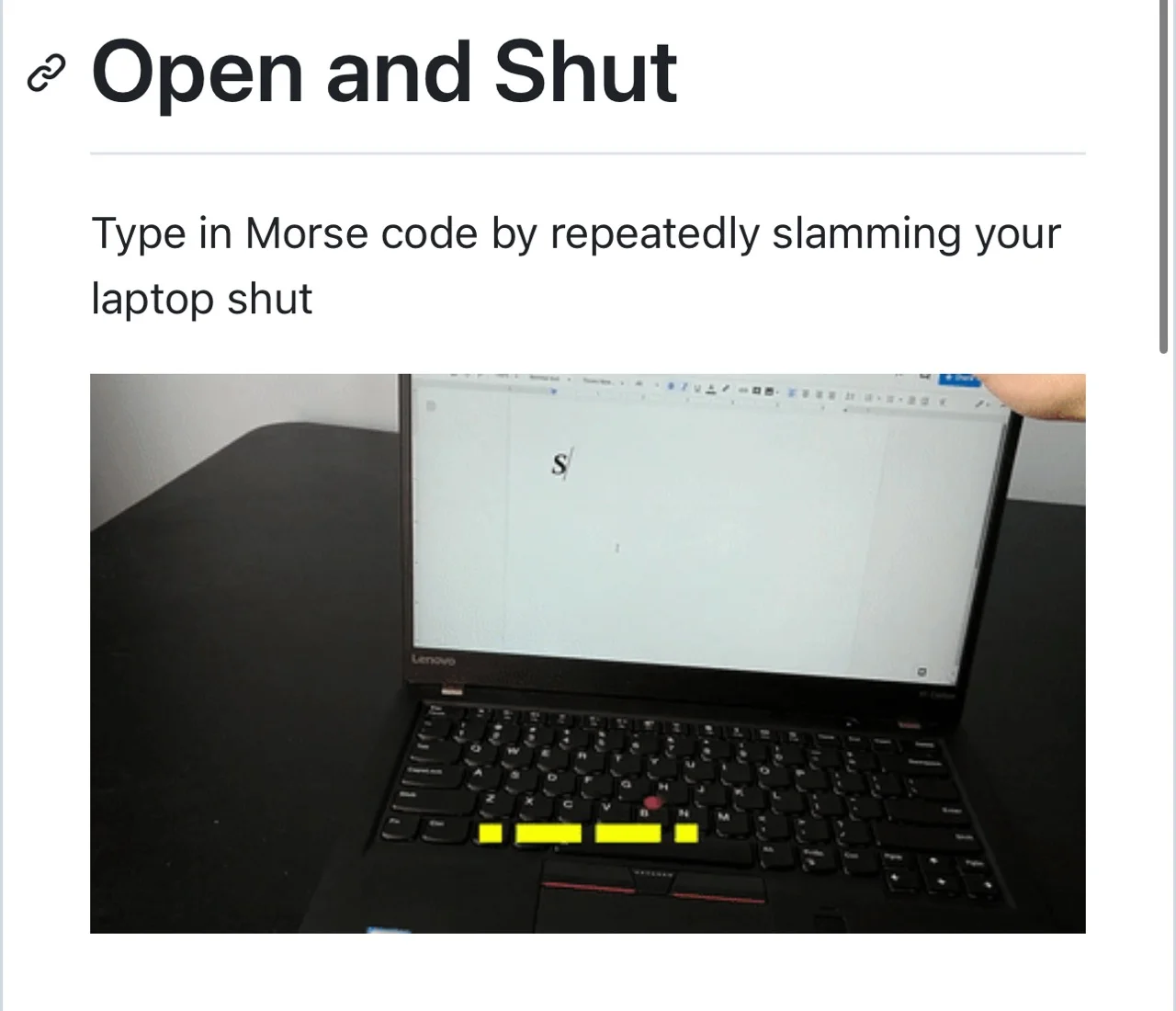 Open and Shut - Type in Morse code by repeatedly slamming your laptop shut 