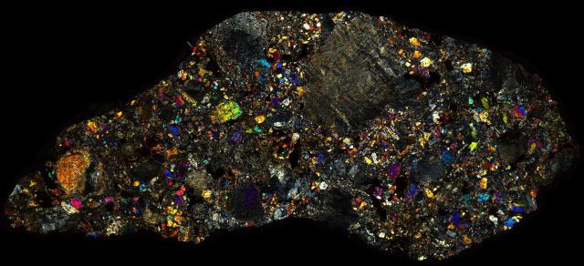 Knyahinya Meteorite Thin Section - XPL HDR Pathscan Enabler.

Solar Anamnesis, CC BY-NC-SA 2.0 via Flickr: https://flic.kr/p/2hnnvVJ