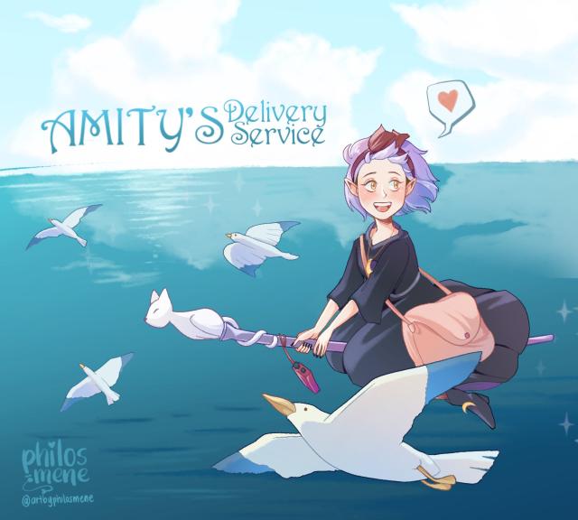 Crossover between The Owl House and Kiki's delivery service. Amity is dressed as Kiki and rides her palisman over the sea, surrounded by seagulls. A text says: "Amity's Delivery Service".