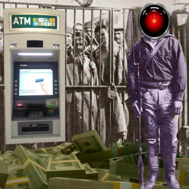 A black-and-white photo of a late 19th century French prison; prisoners crowd against the bars in the background while a guard stands in front of the cell, holding a rifle with a fixed bayonet. The guard's has been tinted purple and head has been replaced with the glaring eye of HAL 9000 from Kubrick's '2001: A Space Odyssey.' A mountain of jumbled, bundled US$100s crowd the bottom of the image. An ATM is superimposed on the bars.

Image:
Cryteria (modified)
https://commons.wikimedia.org/wiki/File:HAL9000.svg

CC BY 3.0
https://creativecommons.org/licenses/by/3.0/deed.en

--

Flying Logos (modified)
https://commons.wikimedia.org/wiki/File:Over_$1,000,000_dollars_in_USD_$100_bill_stacks.png

CC BY-SA 4.0
https://creativecommons.org/licenses/by-sa/4.0/deed.en

--

kgbo (modified)
https://commons.wikimedia.org/wiki/File:Suncorp_Bank_ATM.jpg

CC BY-SA 3.0
https://creativecommons.org/licenses/by-sa/3.0/deed.en
