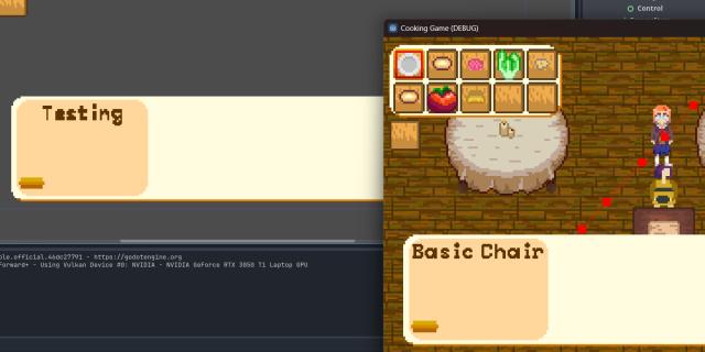 A screenshot of the godot editor showing a pixelated pixel font and my game to the side showing the pixel font being rendered correctly