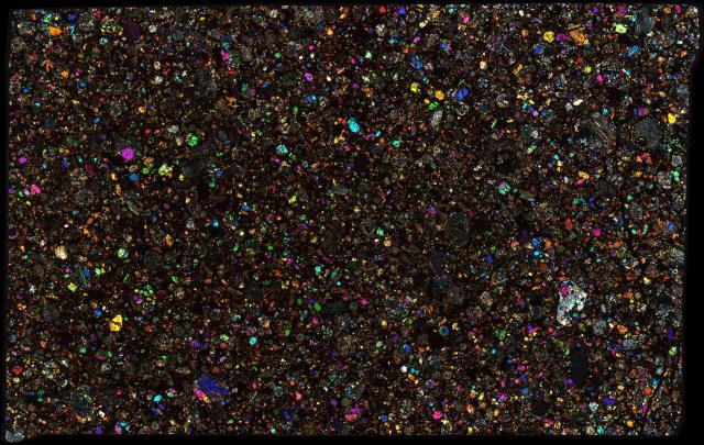 Selma Meteorite Thin Section - XPL HDR Pathscan Enabler.

Solar Anamnesis, CC BY-NC-SA 2.0 via Flickr: https://flic.kr/p/2hiLXPw