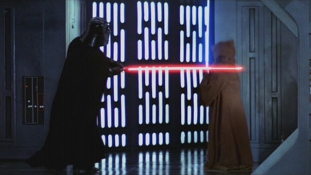 The scene from Star Wars where Darth Vader thinks he is striking down Obiwan Kenobi, who has actually transitioned to being one with the Force.