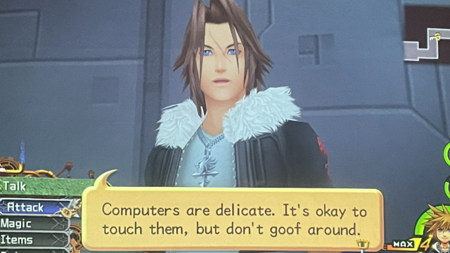 Leon from Kingdom Hearts 2. “Computers are delicate. It's okay to touch them, but don't goof around.”