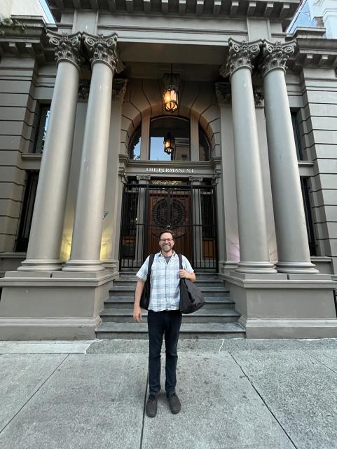 Nathan Schneider in front of Permanent Library, Internet Archive