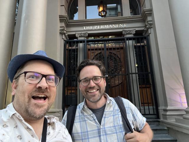 Boris and Nathan selfie in front of Permanent Library, Internet Archive