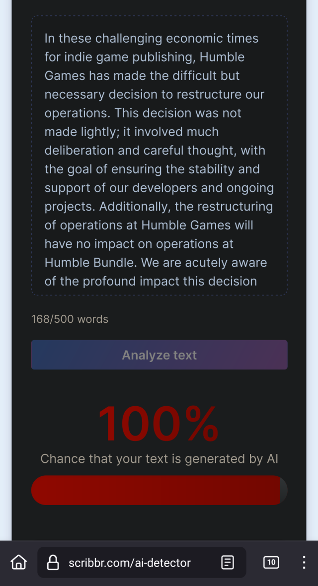 the humble games statement in the ai detector aaying there's a 100% chance the text was generated by ai