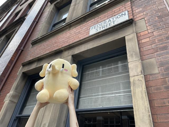 A stuffed Mastodon toy being held in front of a street sign that reads Federation Street. 