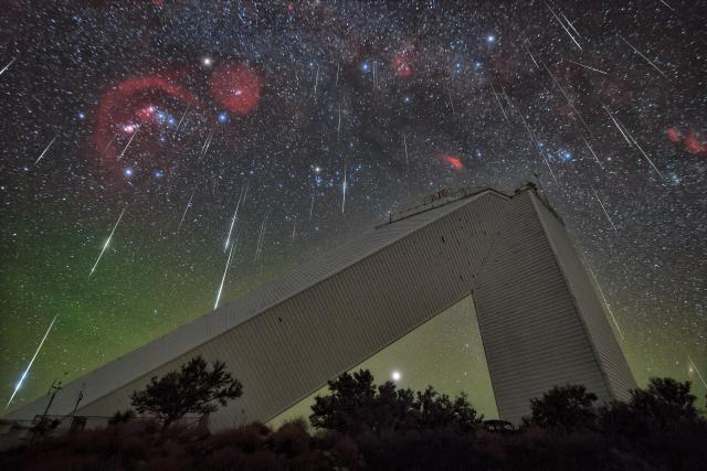 "Meteors over the McMath-Pierce Solar Telescope."

KPNO/NOIRLab/NSF/AURA/R. Sparks, CC BY 4.0, via Wikimedia Commons.