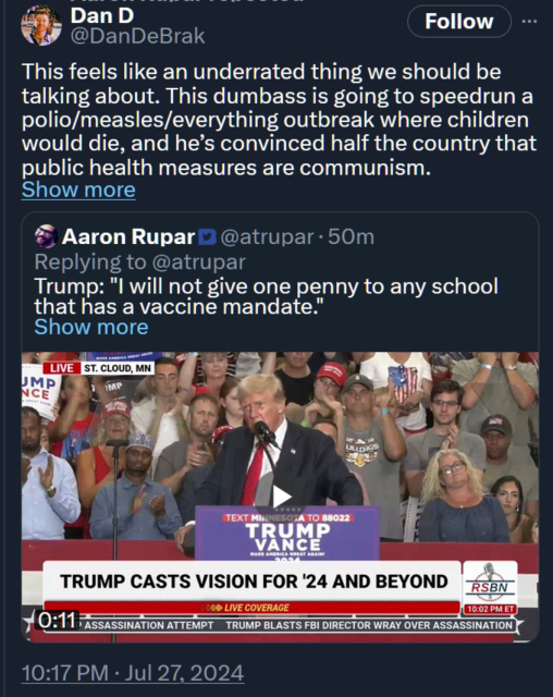 Rupar tweet: "Trump: I will not give one penny to any school that has a vaccine mandate"
