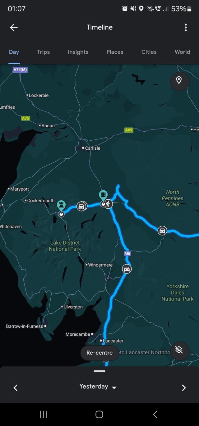 A cropped portion of our driving this last 24 hours, showing that we just nipped into Cumbria for a couple of my partners favourite stone circles on a bit of a detour between destinations.