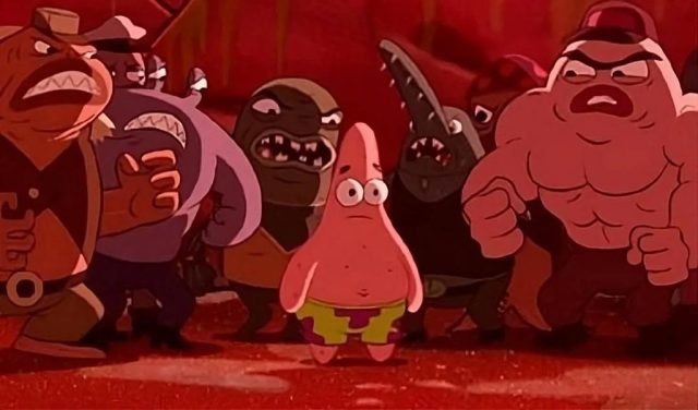 There's a person standing in front of an angry crowd, all clueless.

The person is Patrick, from the cartoon SpongeBob Squarepants.