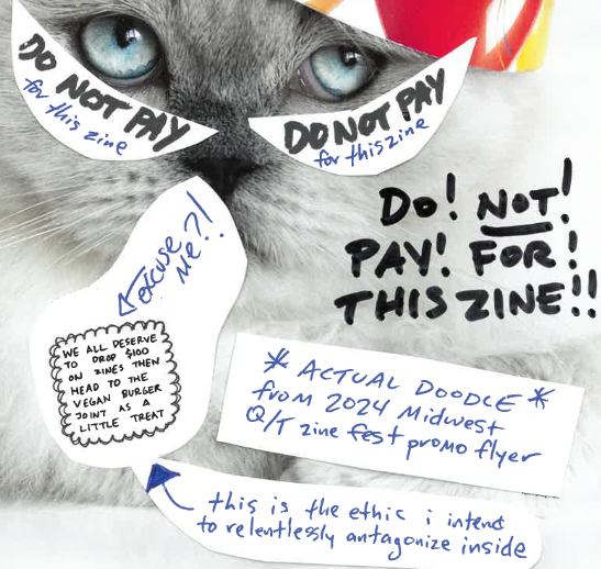 Back of the zine shows a gray cat in a party hat with various notes collaged on top, including admonitions to "do not pay for this zine!", a photocopied blurb that says "we all deserve to drop $100 on zines then head to the vegan burger joint as a little treat" and a larger note saying this was an ACTUAL DOODLE from the 2024 midwest q/t zine fest prooo flyer, and the ethic i intend to relentlessly antagonize inside the zine