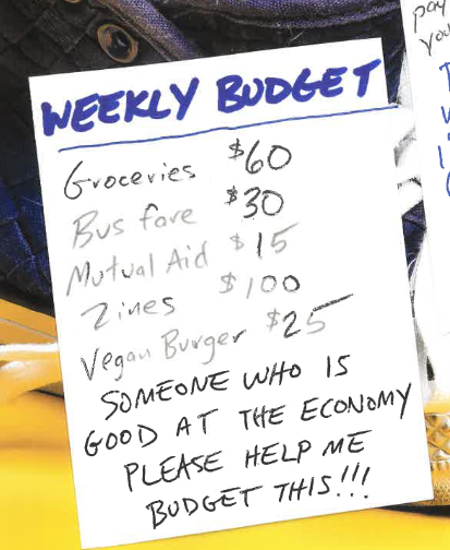 Weekly budget:
Groceries 60
Bus fare 30
Mutual aid 15
Zines 100
Vegan Burger 25

Someone who is good at the economy please help me budget this!