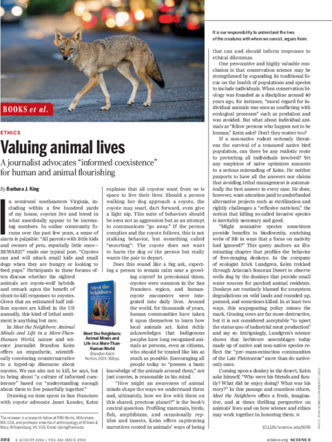 The review is titled Valuing Animal Lives and a photo of a coyote is shown. 