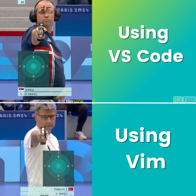 There are two parts to this. In the first one, there's an Olympic shooter all kitted up shooting at a target. Near it is written, “Using VS Code”.

In the second one, there's another Olympic shooter just wearing a normal spectacle shooting at a target. Near it is written, “Using Vim”.