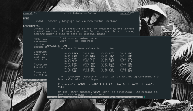 The manual page for uxntal.7 seen through the terminal.