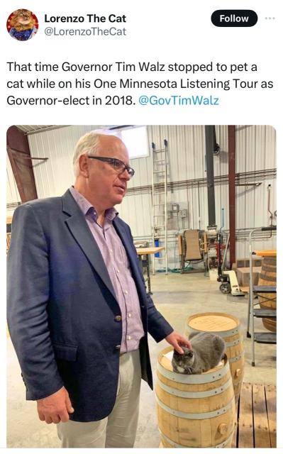 @LorenzoTheCat:  That time Governor Tim Walz stopped to pet a cat while on his One Minnesota Listening Tour as Governor-elect in 2018.