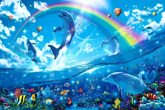 that sick as hell frutiger aero image with the dolphins n rainbows n fish n shit