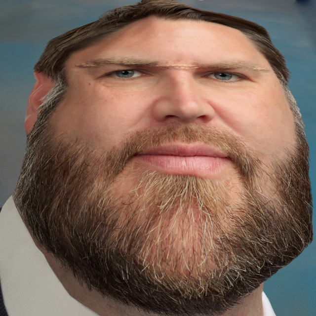 Official portrait of JD Vance but with a perspective filter applied, warped to exaggerate his beard, fish-eye slapped on to hell and back, and a unibrow added sloppily