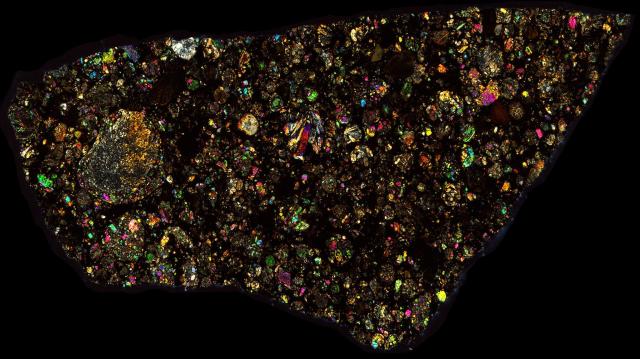 Aba Panu Meteorite Thin Section - XPL HDR Pathscan Enabler.

Solar Anamnesis, CC BY-NC-SA 2.0 via Flickr: https://flic.kr/p/2hmuP9y