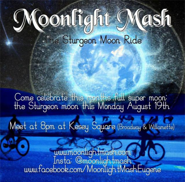 A flyer for the moonlight mash, which is a full moon bike ride.   The image has a huge blue supermoon and details of the event.   There are cyclists riding along a river path and blue is the prominent color